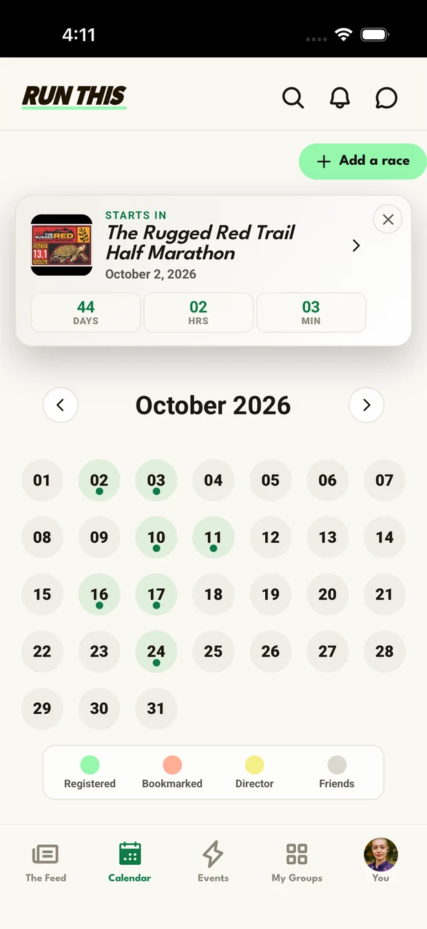 The same calendar in the Run This app, with a countdown to the next race and the month's races marked