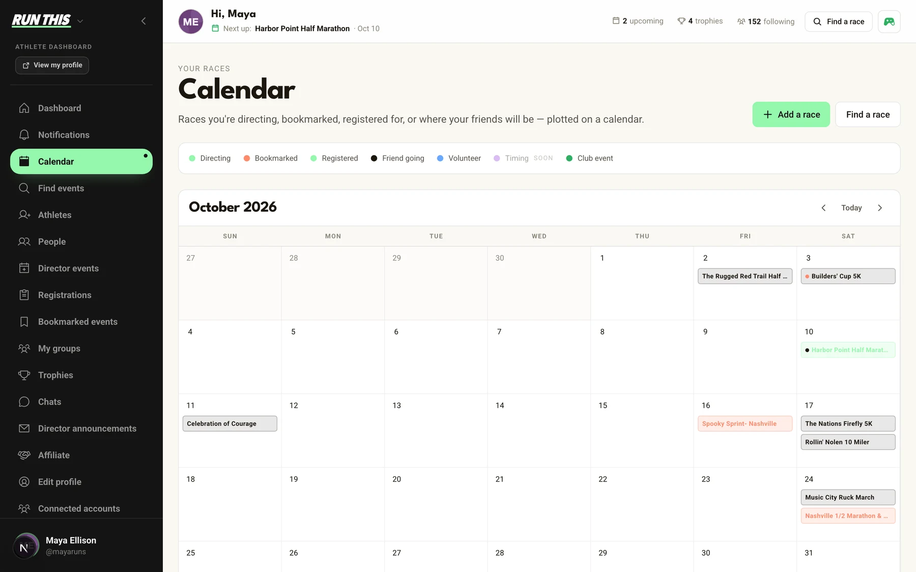 A Run This athlete calendar for October on the web, showing races the athlete registered for, races they saved, and races friends they follow are going to, each color coded