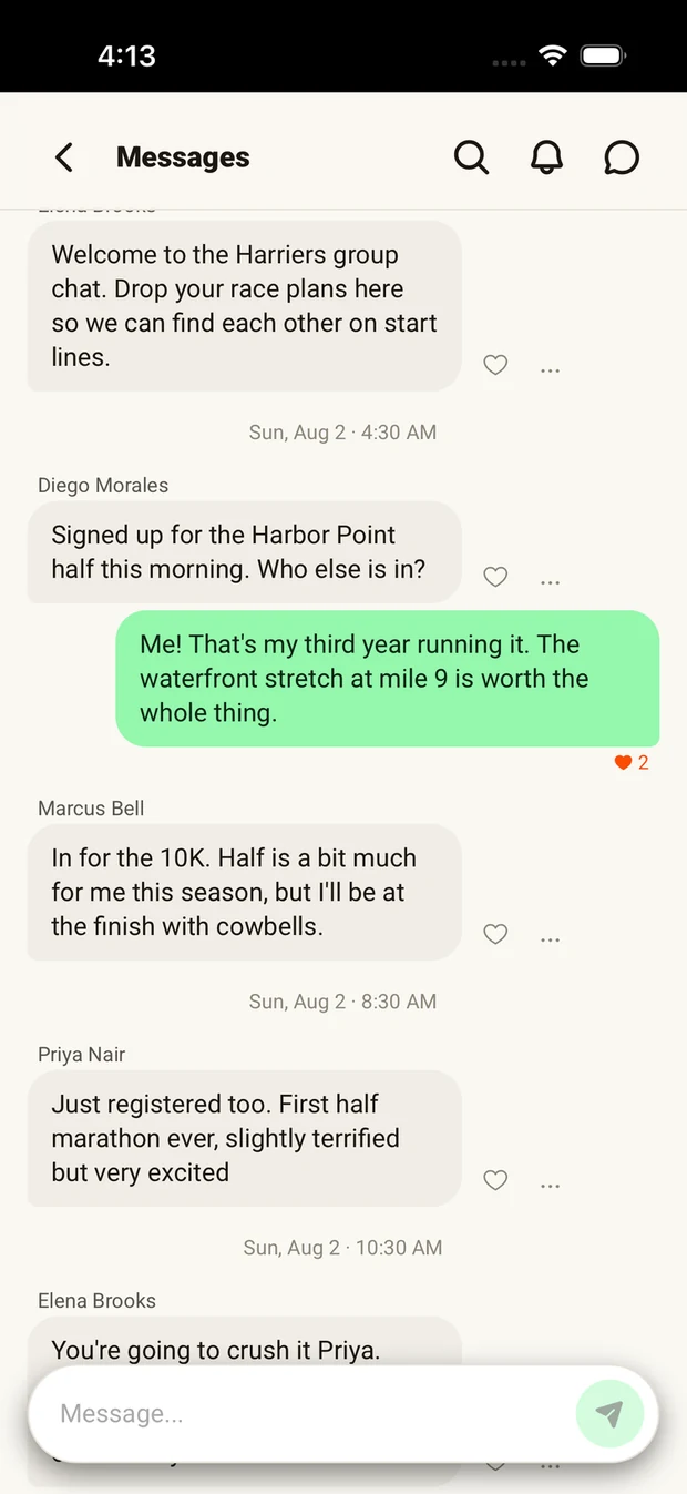 A Run This group chat in the app, where a club crew is comparing race plans before race day
