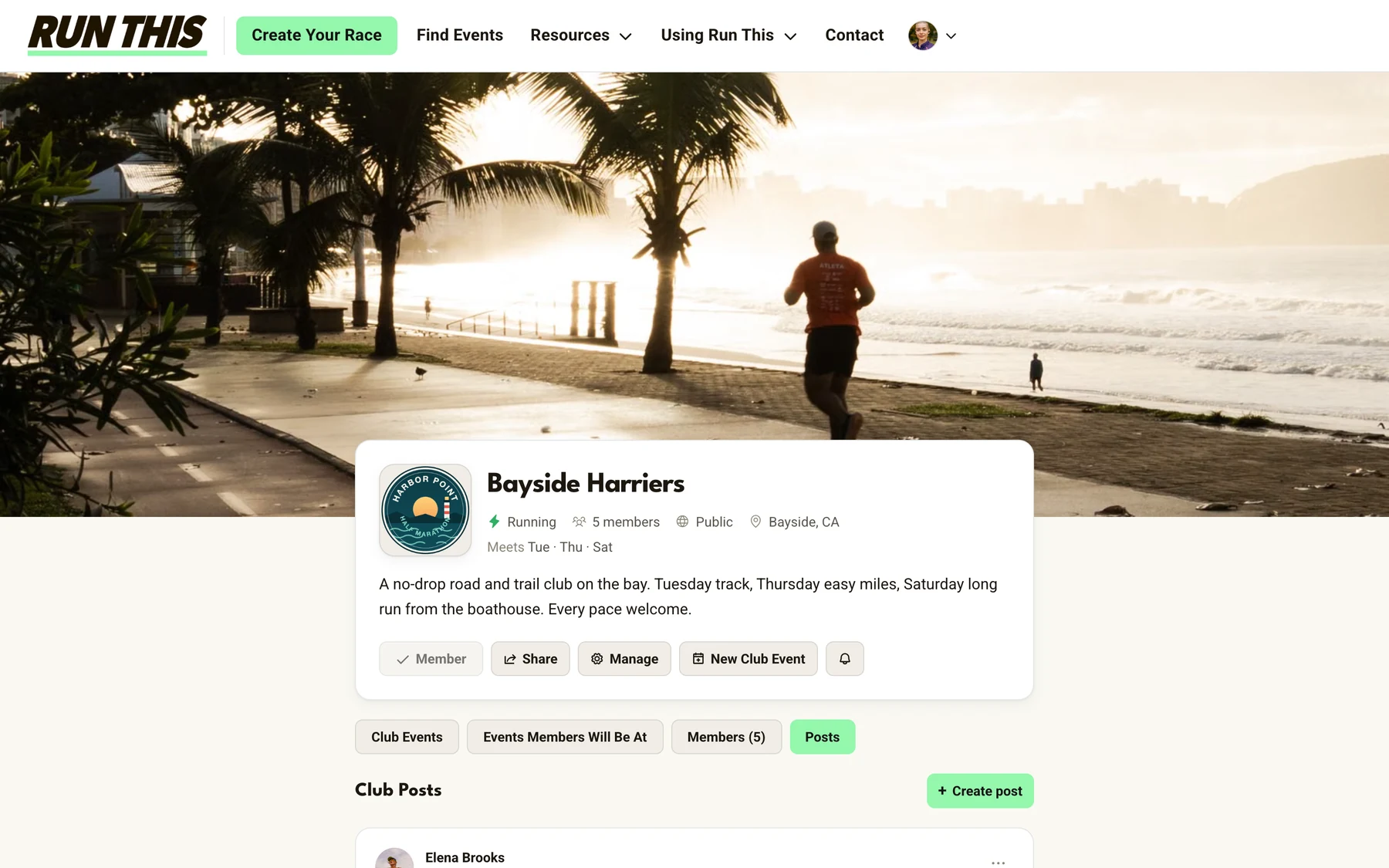 A Run This running club page on the web showing the club name, member count, meeting days, description, and tabs for club events and members