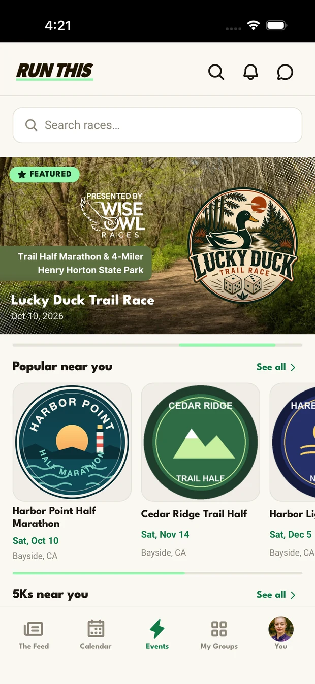 Race discovery in the Run This app, with a featured race and rails of races near you