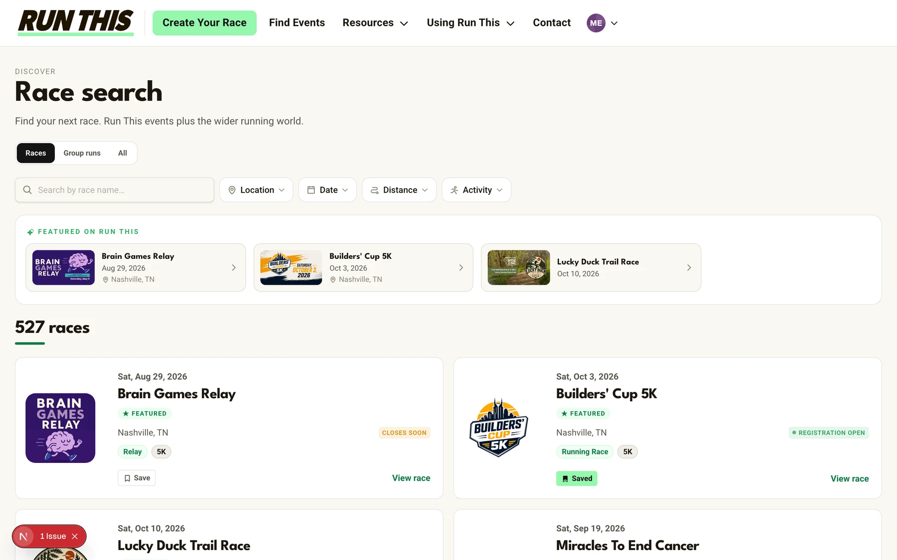 Run This race search on the web, with filters for location, date, distance and activity, listing upcoming races with their distances and registration status
