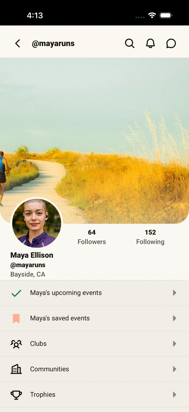 The same profile in the Run This app, with followers, upcoming events, saved events, clubs, and trophies