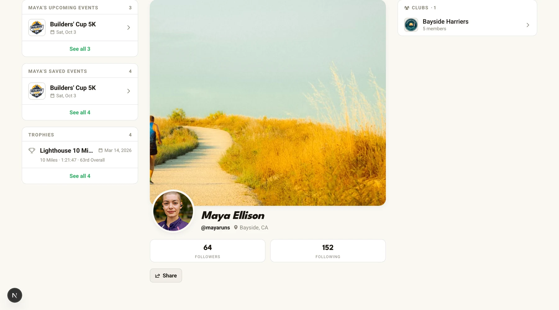 A Run This athlete profile on the web, showing upcoming races, saved races, a trophy list with finish times, and the running club they belong to