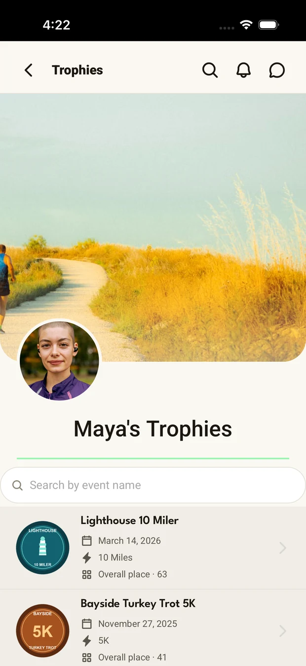 The same Trophy Room in the Run This app, listing each race with its date, distance, and overall place