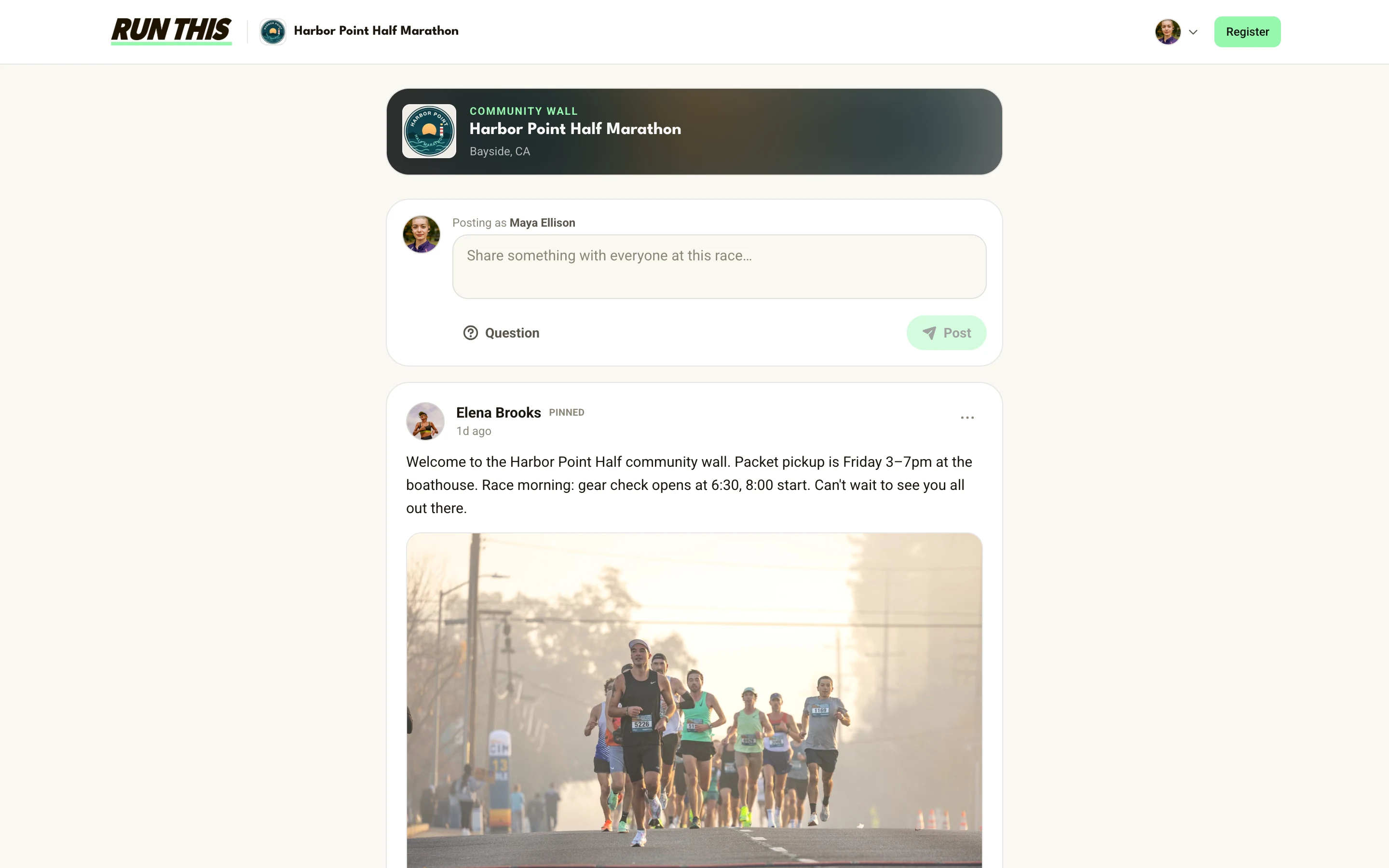 The Run This Community Wall for a race on the web, with posts, race photos, and athletes talking before race day