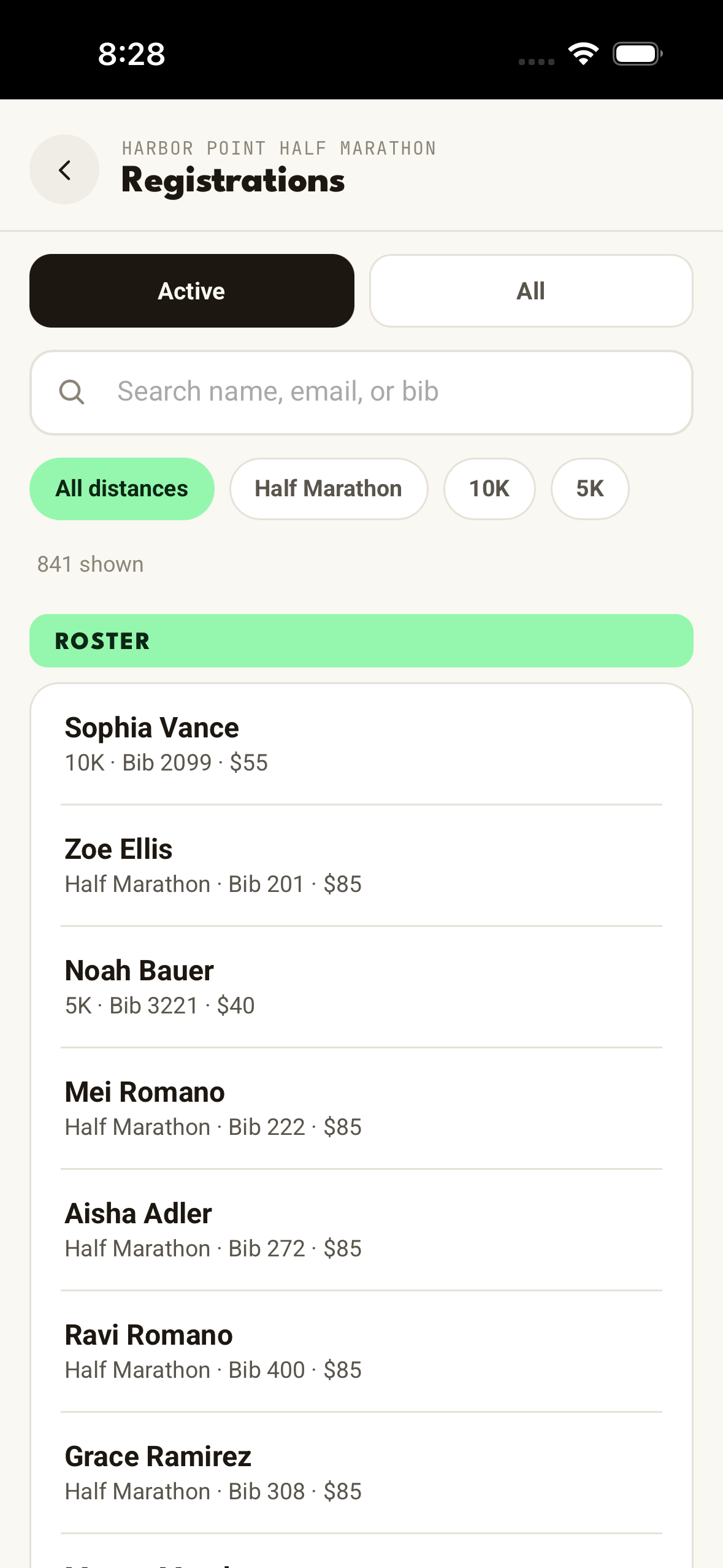 The same roster in the Run This native app, searchable by name, email, or bib